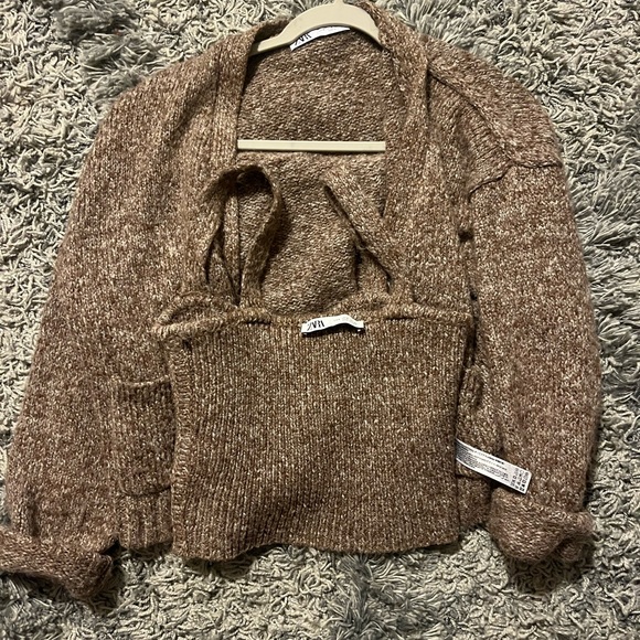 Zara Sweaters - Zara Marled Brown Knit Cardigan & Crop Tank Set
